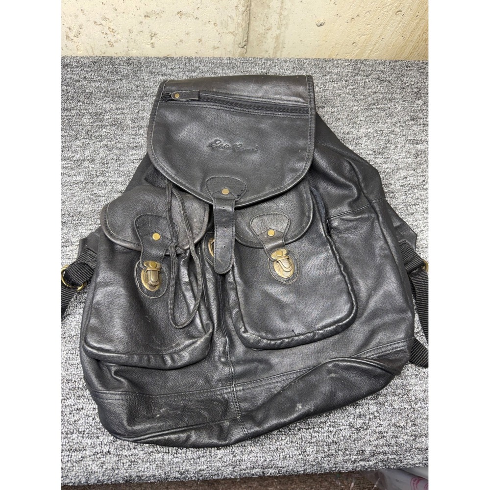 Eddie Bauer Vintage Black Leather Rucksack Backpack Brass Hardware Padded Straps